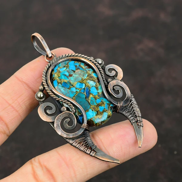 Copper Chrysocolla Oval Blue Handmade Copper Wire Wrapped Pendant