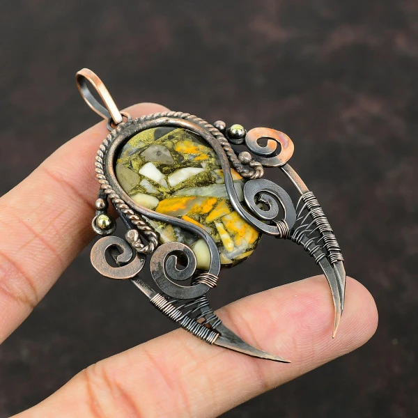Copper Bumble Bee Jasper Oval Yellow Handmade Copper Wire Wrapped Pendant