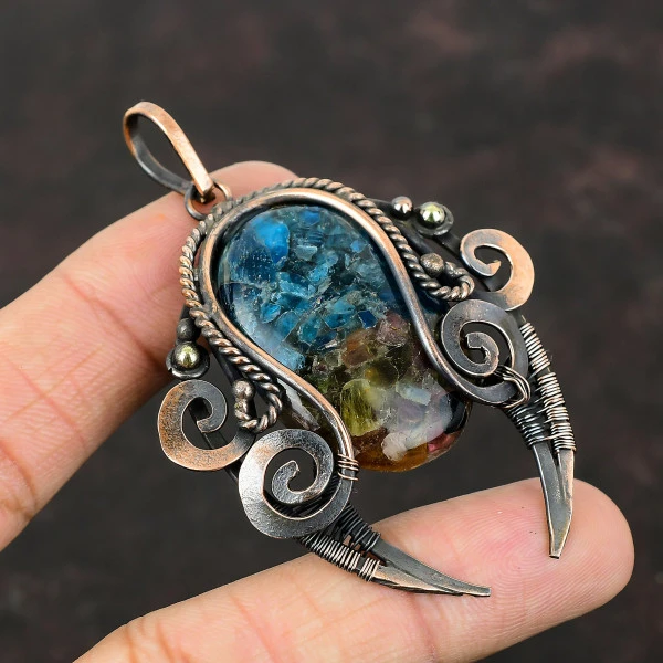 Watermelon Tourmaline Oval Blue Handmade Copper Wire Wrapped Pendant