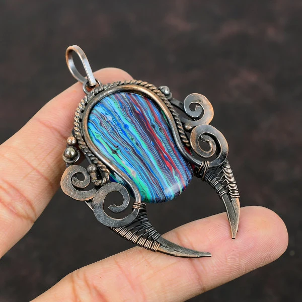 Rainbow Calsilica Oval Blue Handmade Copper Wire Wrapped Pendant