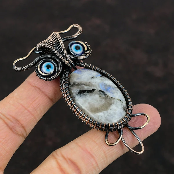 Rainbow Moonstone Oval White Handmade Copper Wire Wrapped Pendant