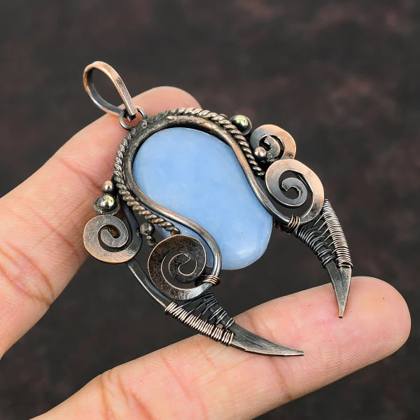 Angelite Oval Blue Handmade Copper Wire Wrapped Pendant