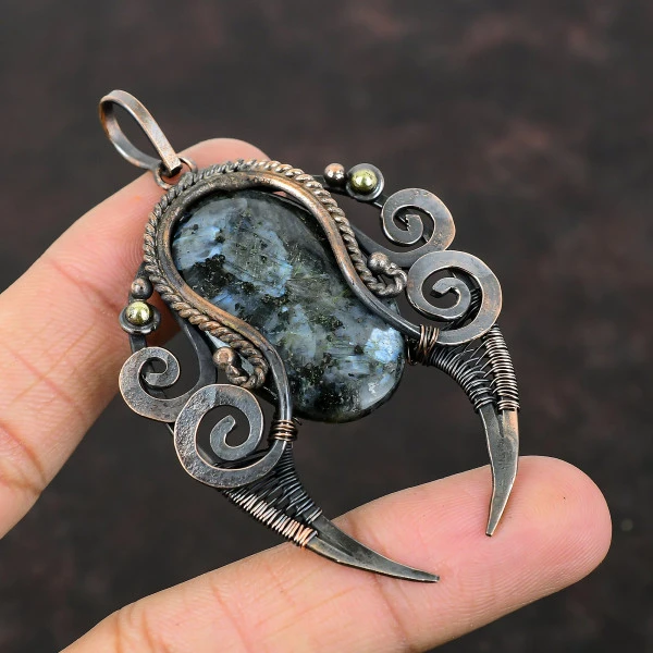 Larvikite Oval Black Handmade Copper Wire Wrapped Pendant