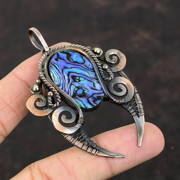 Abalone Shell Oval Blue Handmade Copper Wire Wrapped Pendant