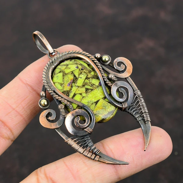 Copper Stichtite Oval Green Handmade Copper Wire Wrapped Pendant