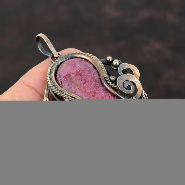 Rhodonite Oval Pink Handmade Copper Wire Wrapped Pendant