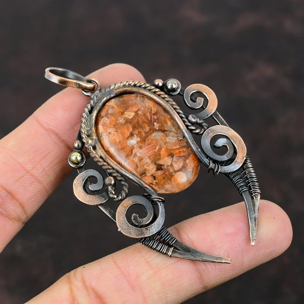 Sunstone Oval Orange Handmade Copper Wire Wrapped Pendant