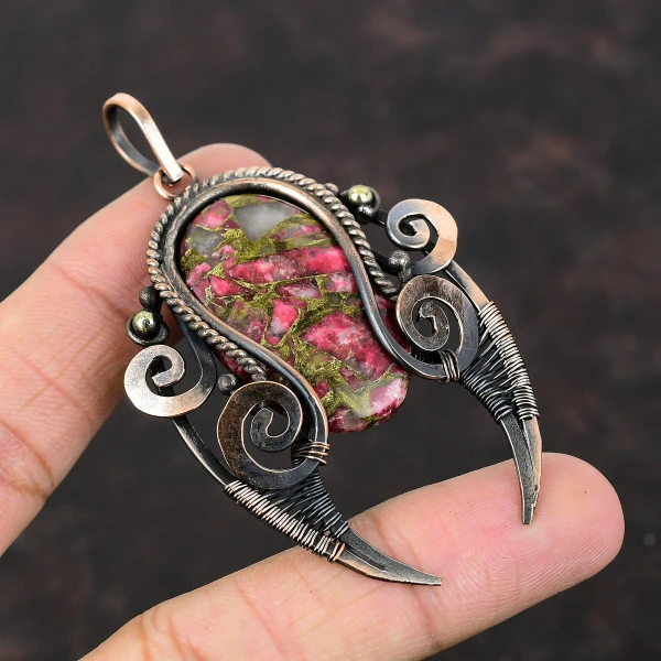 Copper Thulite Oval Pink Handmade Copper Wire Wrapped Pendant