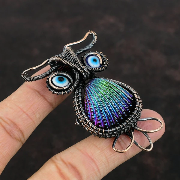 Titanium Coated Shell Trillion Purple Handmade Copper Wire Wrapped Pendant