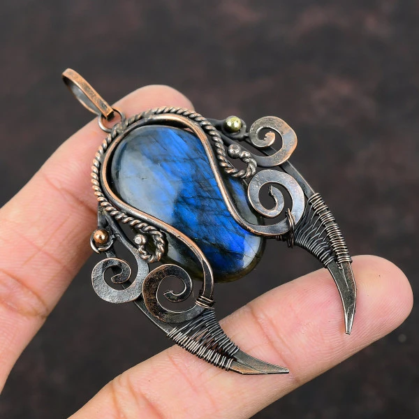Labradorite Oval Blue Handmade Copper Wire Wrapped Pendant
