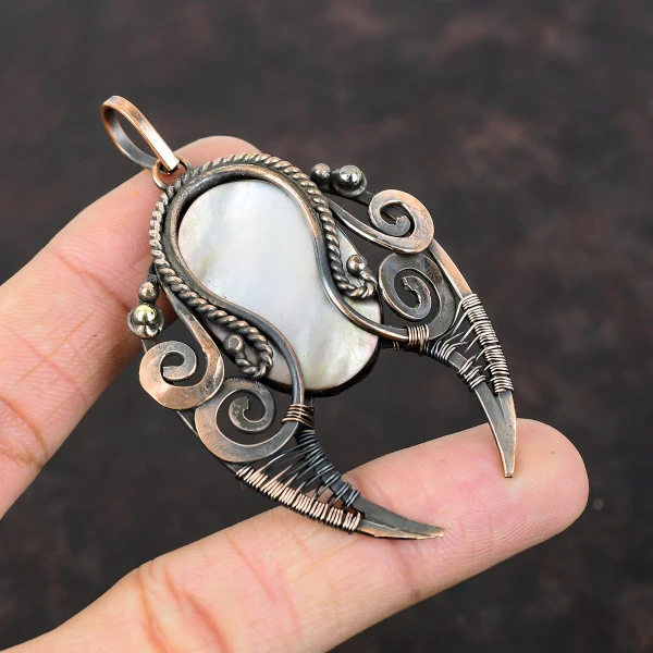 Black Mother Of Pearl Oval Black Handmade Copper Wire Wrapped Pendant