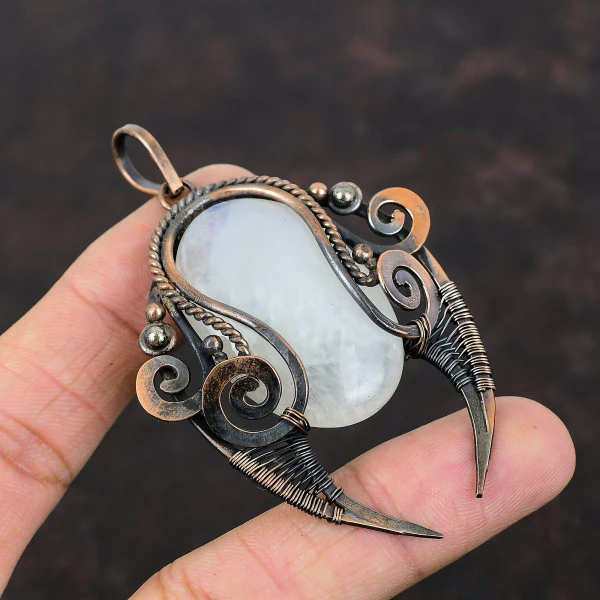 Rainbow Moonstone Oval White Handmade Copper Wire Wrapped Pendant