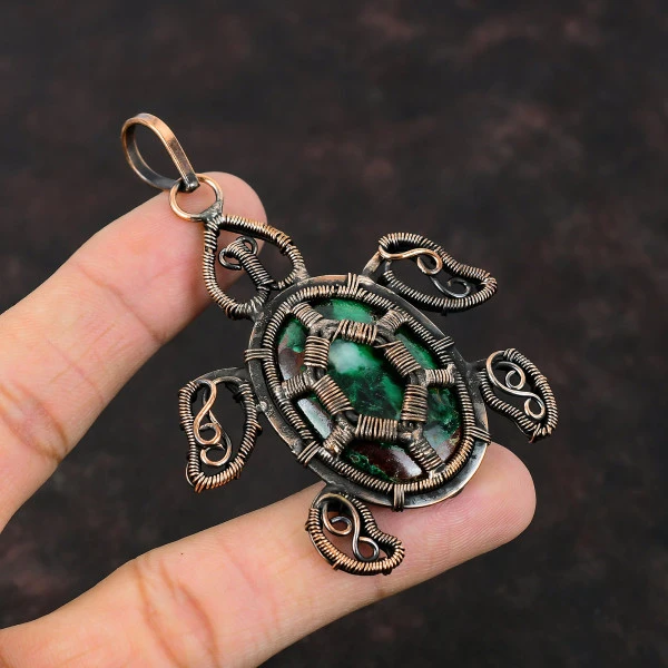 Cuprite Chrysocolla Oval Green Handmade Copper Wire Wrapped Pendant