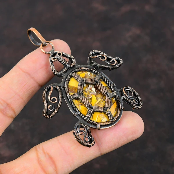 Brecciated Mookaite Oval Yellow Handmade Copper Wire Wrapped Pendant