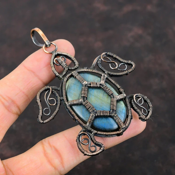 Labradorite Oval Blue Handmade Copper Wire Wrapped Pendant