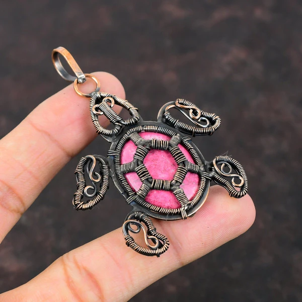Thulite Oval Pink Handmade Copper Wire Wrapped Pendant