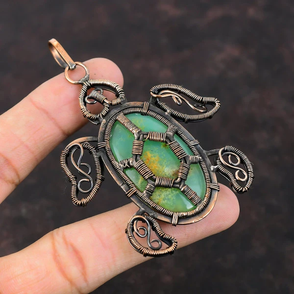 Chrysoprase Oval Green Handmade Copper Wire Wrapped Pendant