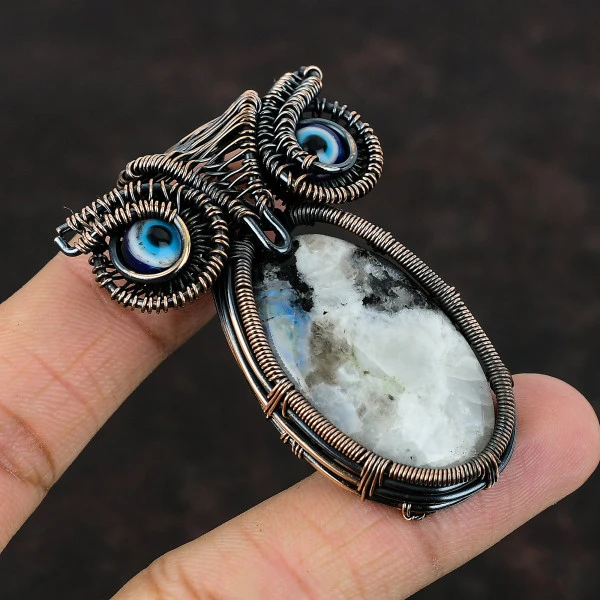 Rainbow Moonstone Oval White Handmade Copper Wire Wrapped Pendant