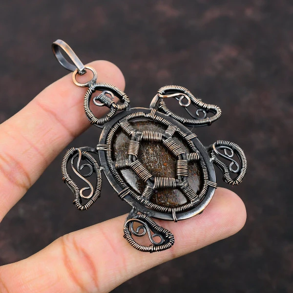 Dinosaur Bone Oval Brown Handmade Copper Wire Wrapped Pendant