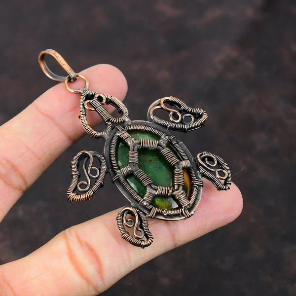 Boulder Chrysoprase Oval Green Handmade Copper Wire Wrapped Pendant