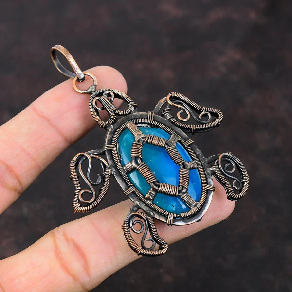 Smithsonite Oval Blue Handmade Copper Wire Wrapped Pendant