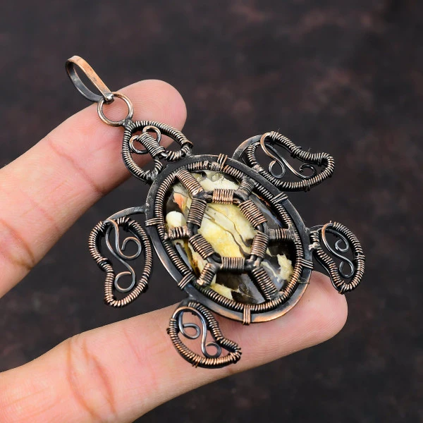 Peanut Wood Jasper Oval Brown Handmade Copper Wire Wrapped Pendant