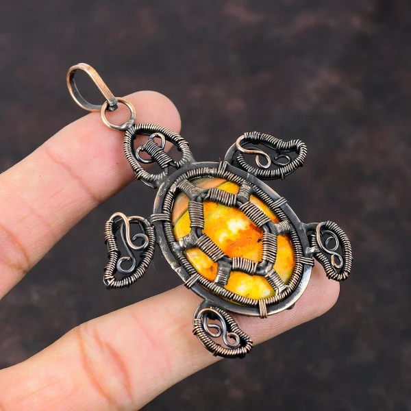 Bumble Bee Jasper Oval Yellow Handmade Copper Wire Wrapped Pendant
