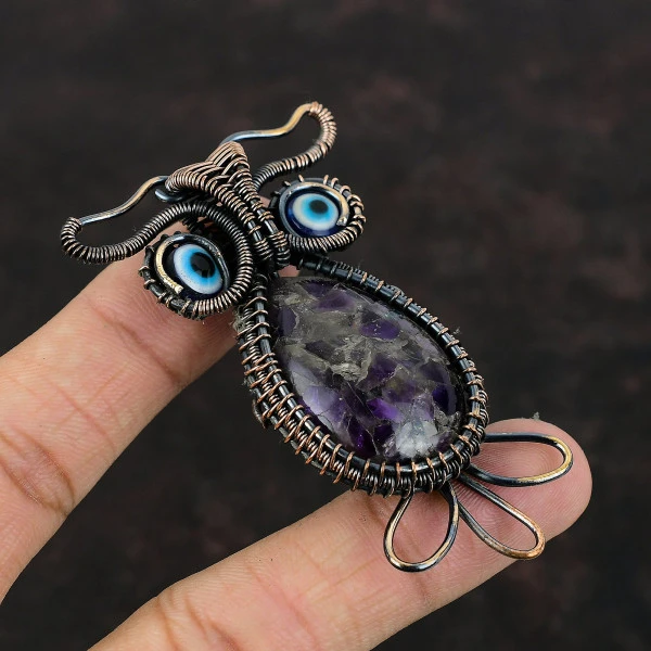 African Amethyst Pear Purple Handmade Copper Wire Wrapped Pendant