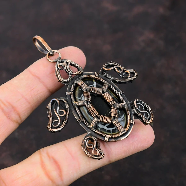 Moroccan Mud Crack Fossil Oval Brown Handmade Copper Wire Wrapped Pendant