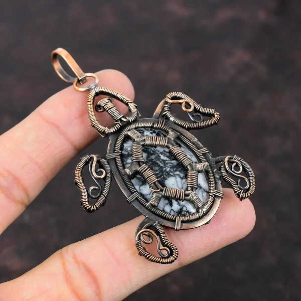 Pinolith Jasper Oval Black Handmade Copper Wire Wrapped Pendant