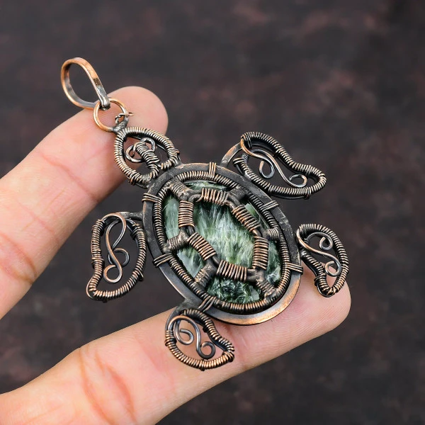 Seraphinite Oval Green Handmade Copper Wire Wrapped Pendant