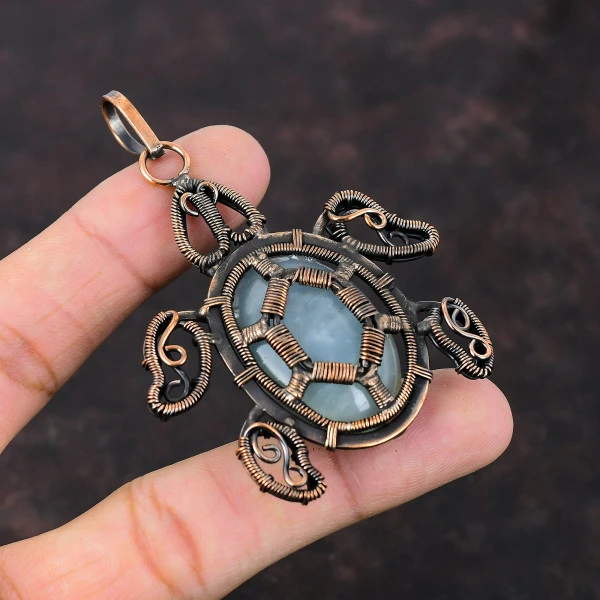 Aquamarine Oval Blue Handmade Copper Wire Wrapped Pendant