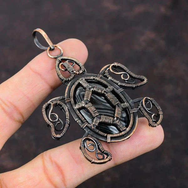 Psilomelane Oval Black Handmade Copper Wire Wrapped Pendant
