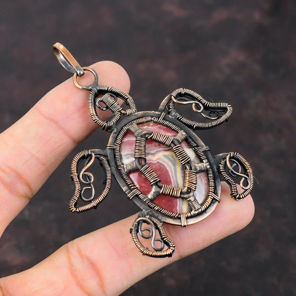 Rhodochrosite Oval Pink Handmade Copper Wire Wrapped Pendant