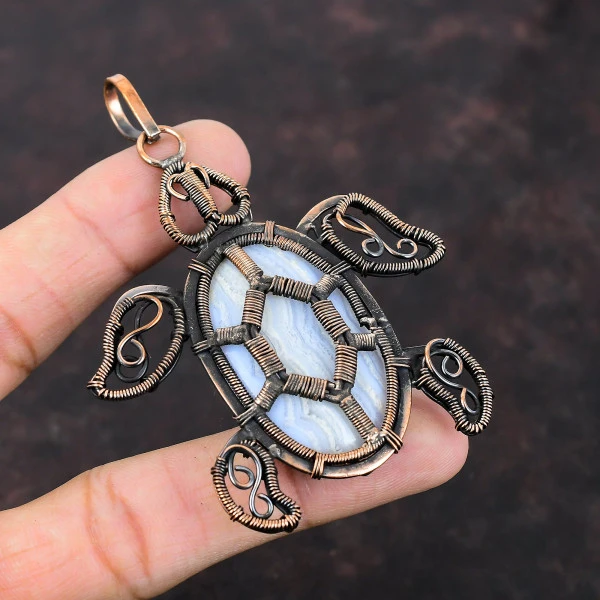 Blue Lace Agate Oval Blue Handmade Copper Wire Wrapped Pendant