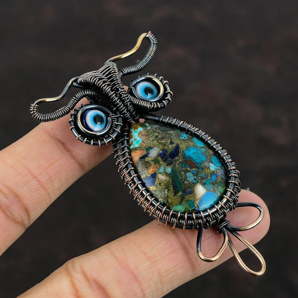 Copper Multi Turquoise Pear Blue Handmade Copper Wire Wrapped Pendant