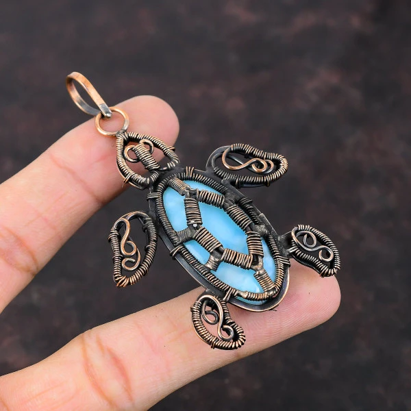 Larimar Oval Blue Handmade Copper Wire Wrapped Pendant