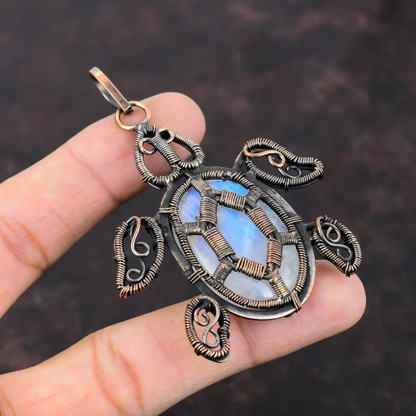 Rainbow Moonstone Oval White Handmade Copper Wire Wrapped Pendant