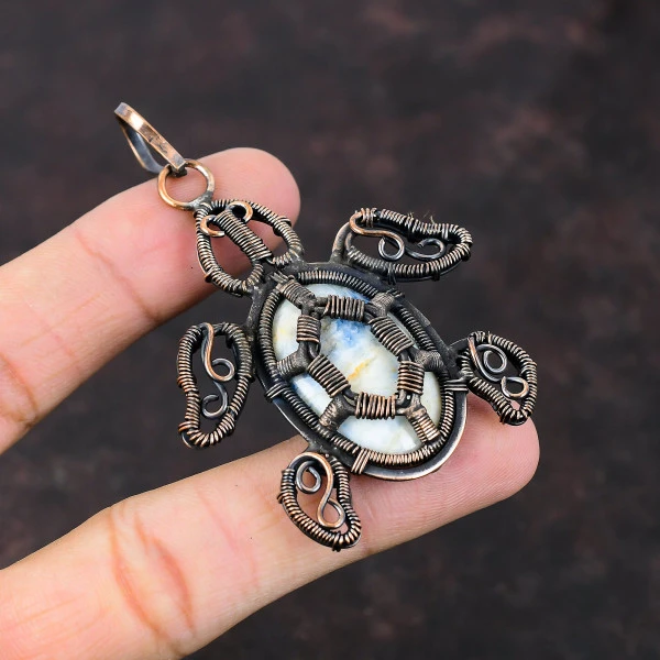 Blue Scheelite Oval Blue Handmade Copper Wire Wrapped Pendant