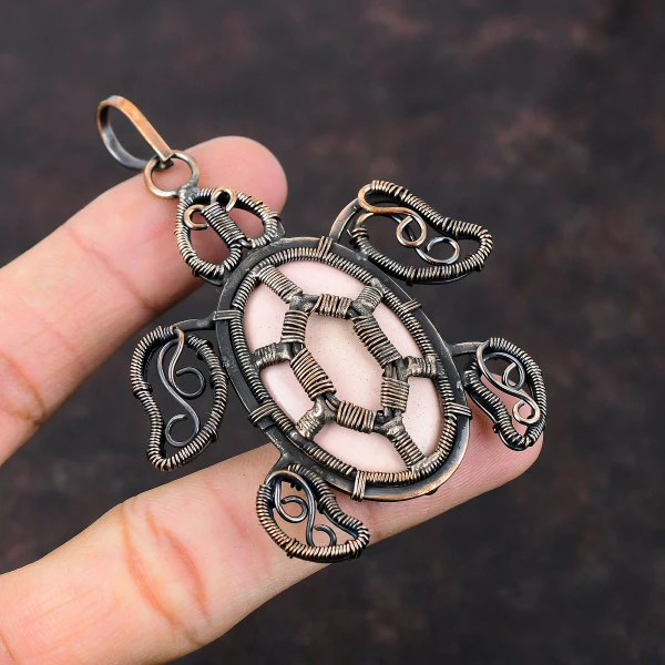Pink Opal Oval Pink Handmade Copper Wire Wrapped Pendant