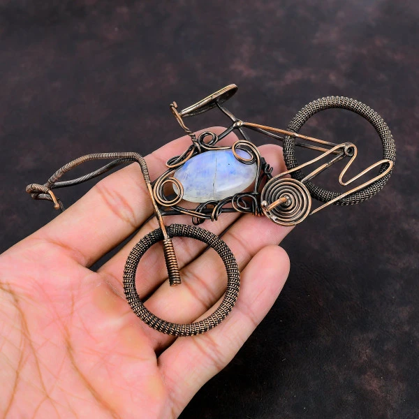 Rainbow Moonstone Oval White Handmade Copper Wire Wrapped Pendant