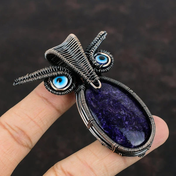 Charoite Oval Purple Handmade Copper Wire Wrapped Pendant
