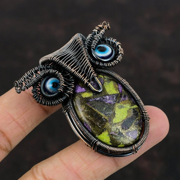Copper Stichtite Oval Green Handmade Copper Wire Wrapped Pendant