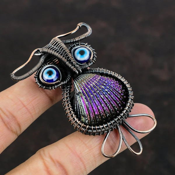 Titanium Coated Shell Trillion Purple Handmade Copper Wire Wrapped Pendant