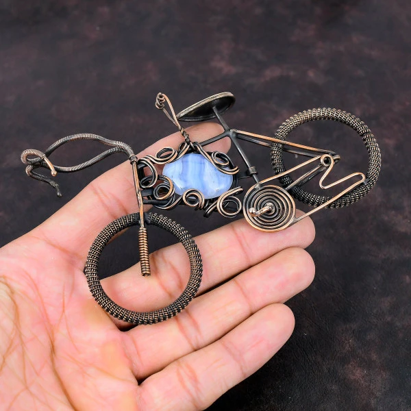 Blue Lace Agate Oval Blue Handmade Copper Wire Wrapped Pendant