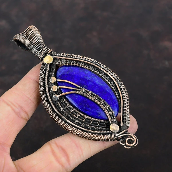 Lapis Lazuli Oval Blue Handmade Copper Wire Wrapped Pendant