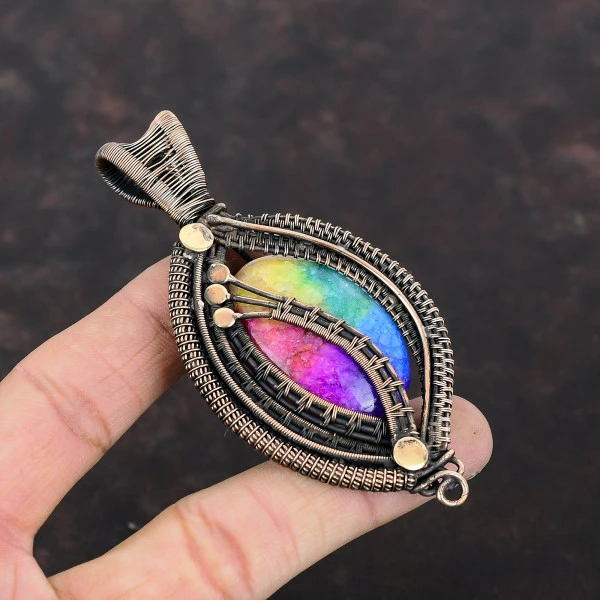 Rainbow Solar Quartz Druzy Oval Pink Handmade Copper Wire Wrapped Pendant