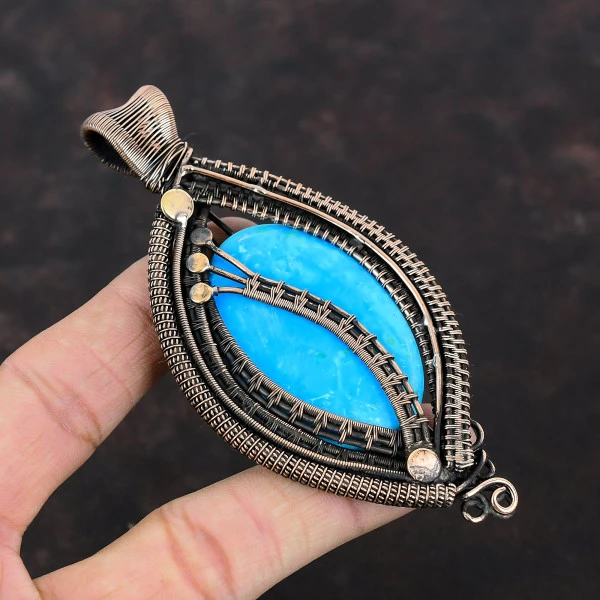 Arizona Turquoise Oval Blue Handmade Copper Wire Wrapped Pendant