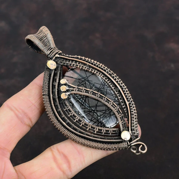 Black Rutile Oval Black Handmade Copper Wire Wrapped Pendant