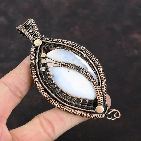 Dendrite Opal Oval White Handmade Copper Wire Wrapped Pendant